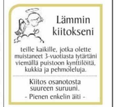 Tällaisen ilmoituksen äiti jätti lehteen. (UUSIMAA-LEHTI)