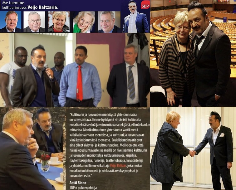 Mukana häärimässä entinen presidentti, kaksi entistä pääministeriä, entinen ministeri ja europarlamentaarikko. Kuvassa näkyy punaisella se, mikä puolue heitä kaikkia yhdistää.