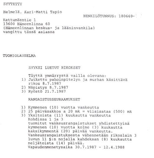 Hämeenlinnan raastuvanoikeuden päätös.