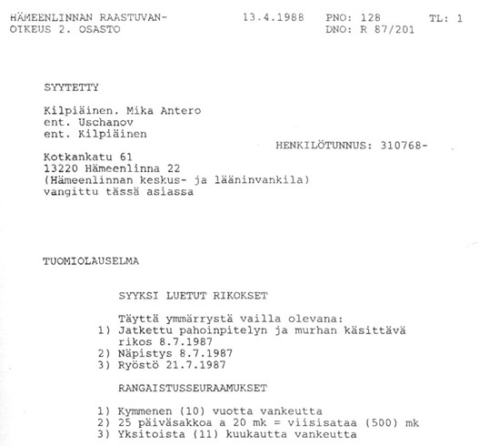 Hämeenlinnan raastuvanoikeuden päätös.