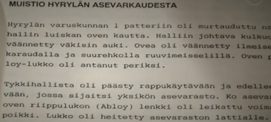 Ote tutkintaraportista. Kuvakaappaus Rikospaikka-ohjelmasta.