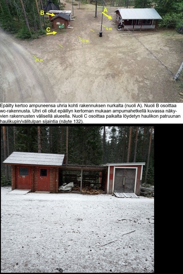 Tässä paikassa 4 vuotta sitten ammuttiin Juuso Sirviö. Ylemmässä kuvassa selvitykset kuka oli missäkin. Alemmassa kuvassa on näkymä mistä kohtaa ammuttiin uhrin ollessa puuvajan kohdalla. Alempi kuva otettu toukokuun alussa 2024.