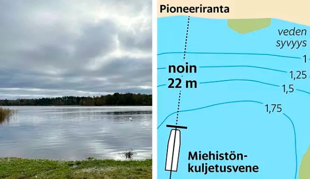 Dragsvikin onnettomuuteen johtaneessa harjoituksessa maihinnousu tapahtui kohdassa, joka on merkitty valkoisella kanisterilla. KUVA: ONNETTOMUUSTUTKINTAKESKUS & HS