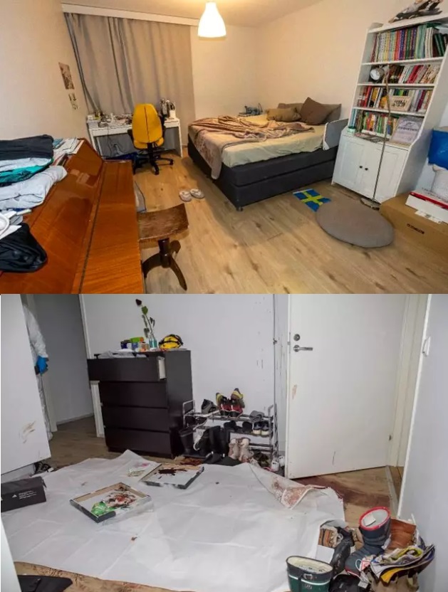 Sängyllä Bonilla kuvasi ex-vaimoaan. Eteisessä poliisin asettama valkoinen lakana peittää isommat verijäljet.