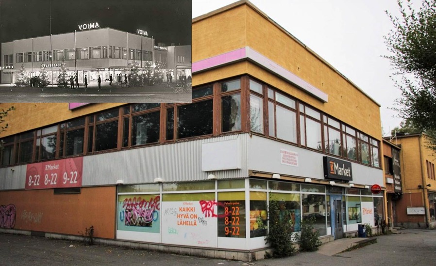 Vasen yläkulma: Kuva vuodelta 1958 ja iso kuva vuodelta 2022. Ison kuvan lähde Sanoman arkisto.