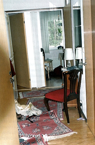 Näkymä ulko-ovelta. Taustalla näkyy keittiö ja lattialla makaava Eino.jpg