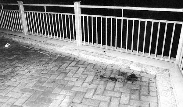 Lähikuva tasanteen aidasta, jonka yli uhri heitettiin pahasti mukiloituna. Tasanteen lattiassa on verta, vasemmalla uhrin toinen kenkä.jpg
