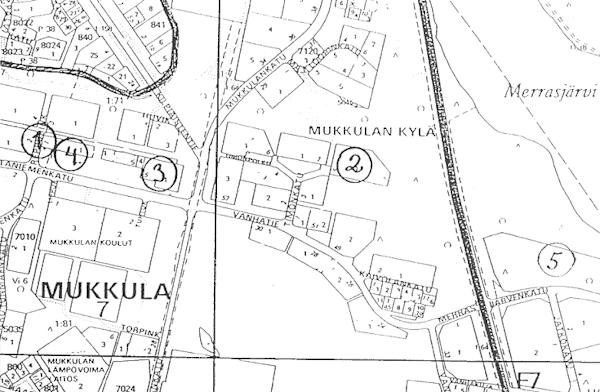 1. Tapahtumapaikka, Reppurinkatu 2n kohdalla puhelinkioski. 2. Armas Blomeruksen asunto. 3. Vuokratalo Ritaniemenkatu 5. 4. Ostoskeskuksen ravintola. 5. Auttisen kertoma pistoolin kätköpaikka.jpg