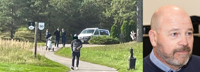 Poliisi otti liikemies Mika Lehdon (taustalla) kiinni kesken pelikierroksen Kytäjä-golfin kentällä Hyvinkäällä sunnuntaina. Lukijan kuva. Oik puol kuva Roope Hartikainen / ess.fi.