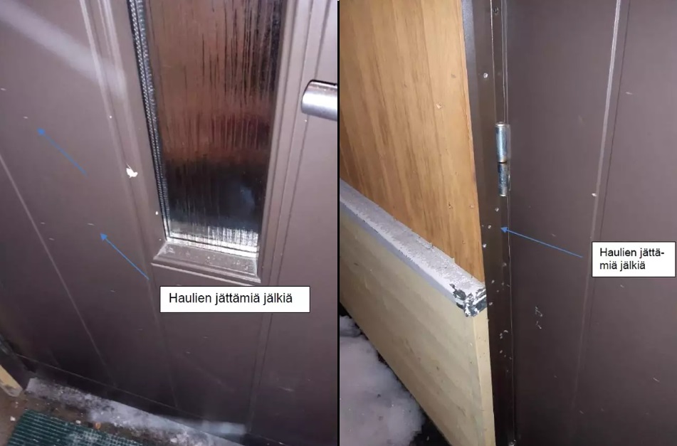 Rivitalossa jouduttiin tekemään remonttia rajun ammuskelun jälkeen. Kuvat: Poliisi