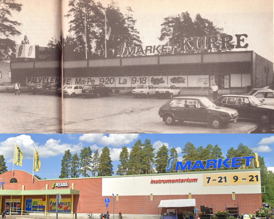 Ylempi kuva Alibi 10/1990 ja alempi kuva street view 2022. Tiedä häntä onko uusittu kaupparakennus enää samassa paikassakaan.