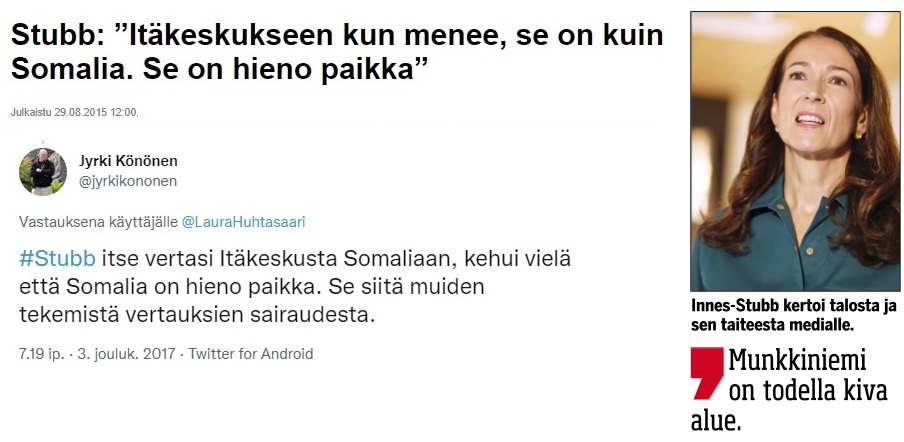 Vasen twiitti 2015 ja 2017 ja oik.puol.kuva sekä tekstilaina Iltasanomat 29.3.2025.