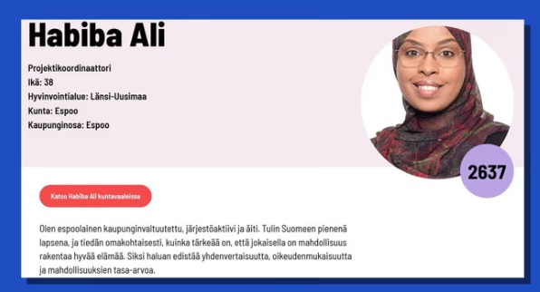 Habiba Ali on ehdolla Espoon kaupunginvaltuustoon ja Länsi-Uudenmaan hyvinvointialueelle. Kuva: Kuvakaappaus Sdp:n ehdokassivulta