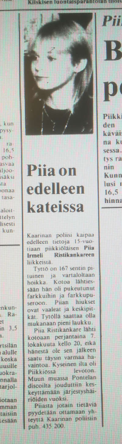Piian katoamisilmoitus Kunnallislehdessä