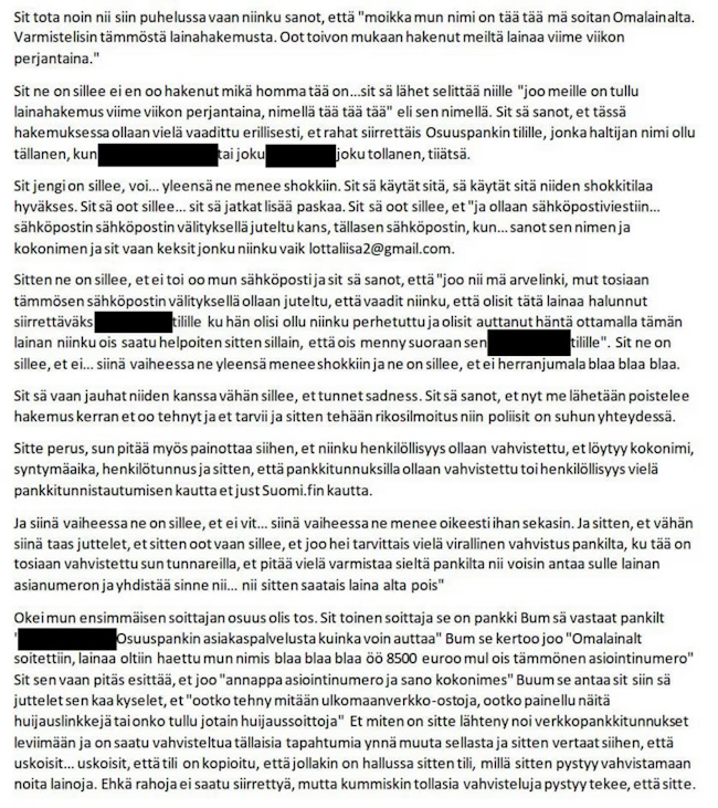 Poliisin välittämässä kuvassa näkyy litterointi puhetallenteesta, jossa opetetaan huijaussoiton tekoon..jpg