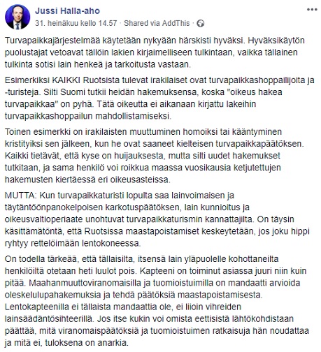 Kuvakaappaus Halla-ahon FB-sivuilta
