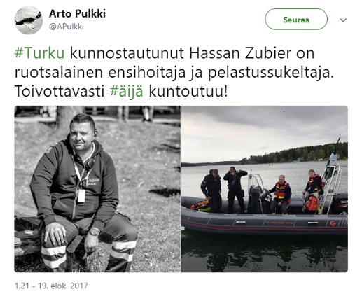 Just like a heroes. Zubierilla on ollut niin vahva tarve osoittaa olevansa ensihoitaja, että hankki jostain jopa sellaiset asusteet. Kuva Arto "Pölhö" Pulkin twiitistä.