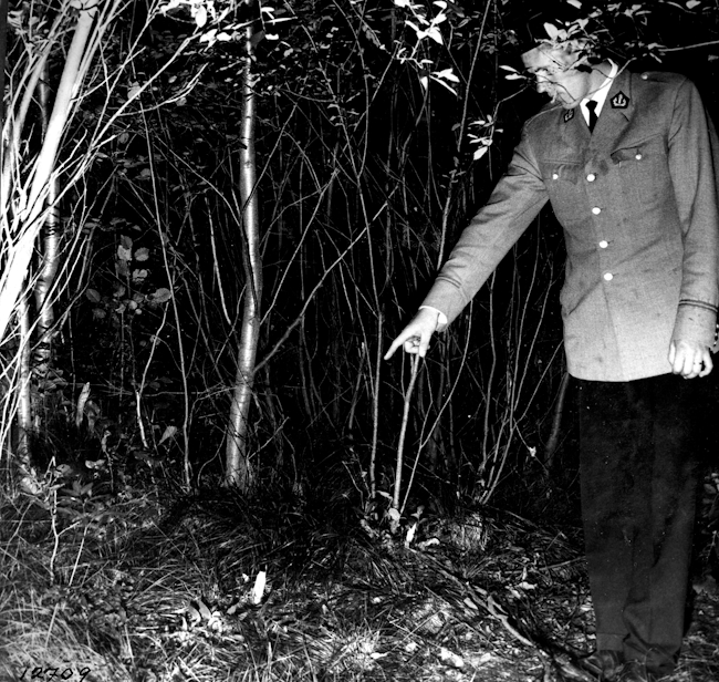 17.8.1963. Poliisikonstaapeli osoittaa paikkaa Oulun Hietasaaressa, josta löydettiin kuusivuotias tyttö surmattuna.jpg