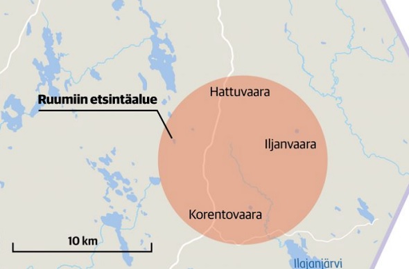 Kartassa näkyy alue, jolta poliisi on etsinyt Jari Pesosen ruumista. Ruumista ei ole löytynyt.