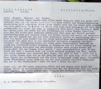 Hans Assmannin kirje Riihimäen vankilasta