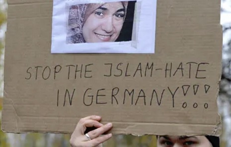 A placard outside the court where Alexander Wiens was given a life sentence for the fatal stabbing of Marwa al-Sherbini. Photograph: Matthias Rietschel/AP