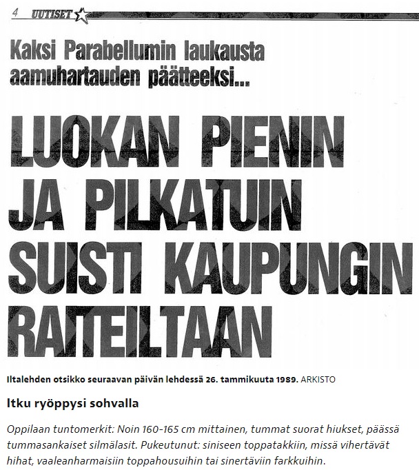 Iltalehden otsikko seuraavan päivän lehdessä 26. tammikuuta 1989. ARKISTO