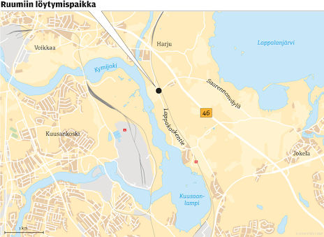Kartta löytöpaikalta. Harjun alue kuului aiemmin Valkealan kuntaan, joka taasen yhdistettiin Kouvolaan pakkoliitoksella vuoden 2009 alusta lähtien.
