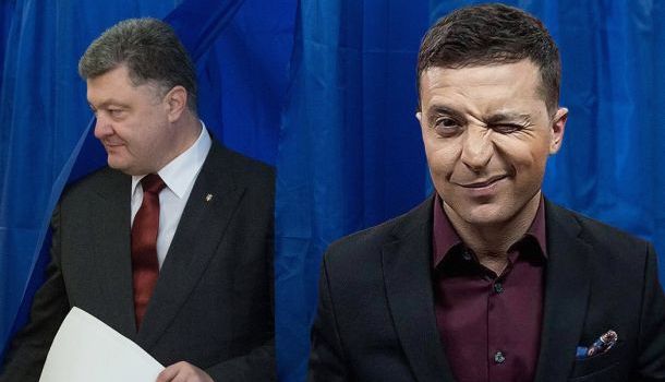 Ex-pressa Poroshenko vasemmalla ja uusi pressa Zelensky oikealla.jpg