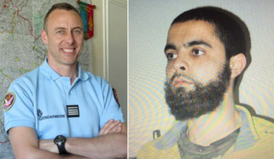 Itsensä panttivangin puolesta uhrannut Arnaud Beltrame ja hänet surmannut tero.jpg