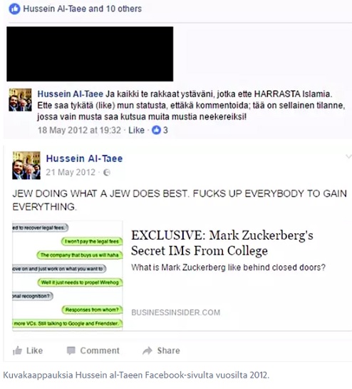 Kuvakaappauksia Hussein al-Taeen Facebook-sivulta vuosilta 2012.