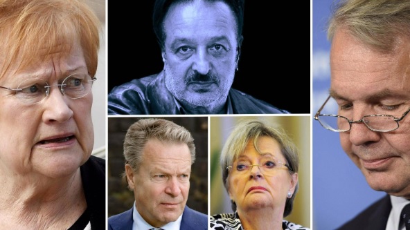 Presidentti Tarja Halonen (vas.), kansanedustaja Ilkka Kanerva, entinen europarlamentaarikko Liisa Jaakonsaari ja ulkoministeri Pekka Haavisto kommentoivat suhdettaan Veijo Baltzariin (kesk.ylh.). (KUVA: HS &amp; LEHTIKUVA)