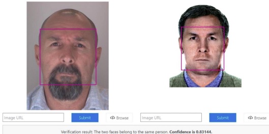 Vasemmalla ”Vadim Sokolovin” kuva hänen Schengen-viisumihakemuksestaan. Oikealla väritetty versio Vadim Krasikovin ajokorttikuvasta. Azure-kasvojentunnistusohjelmaa käyttämällä on kasvojen piirteissä havaittu hyvin suuri vastaavuus. (KUVA: BELLINGCAT)