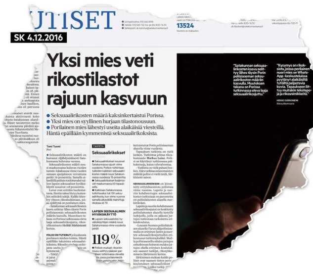 SK 4.12.2016 Satakunnan Kansa uutisoi maakunnan suurimmaksi paisuneesta lasten hyväksikäyttöjutusta ensimmäisen kerran jo joulukuussa 2016.NEWSPILOT AUTOPRINT
