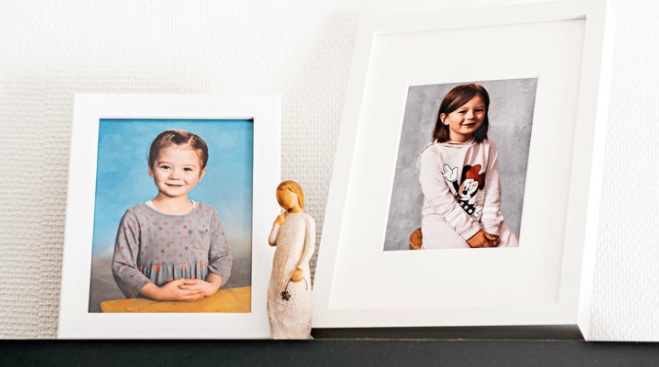 Veeran kuvia on esillä uuden kodin olohuoneessa. Vasemmanpuoleisessa kuvassa hän on neljävuotias, oikeanpuoleinen otettiin reilu vuosi sitten eskarissa.