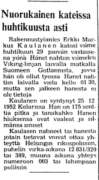 HS 09.11.1978 Erkki Markus Kaulanen kadonnut 29.04.1978 Viking Line.jpg