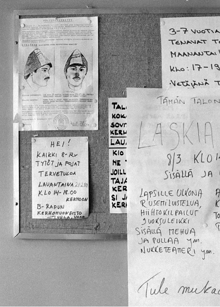 Ilmoitustaululle vuonna 1981 kiinnitetyssä piirroksessa näkyy mies, joka silminnäkijöiden mukaan oli Onerva Ketolan seurassa hieman ennen tämän kuolemaa. (KUVA: PENTTI NISSINEN / LEHTIKUVA)