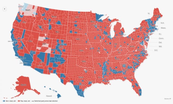 Punainen Trumpin ja sininen Clintonin piirikunta.