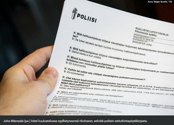 Juha Mäenpää (ps.) kiisti kuulustelussa syyllistyneensä rikokseen, selviää poliisin esitutkintapöytäkirjasta.Seppo Suvela / Yle